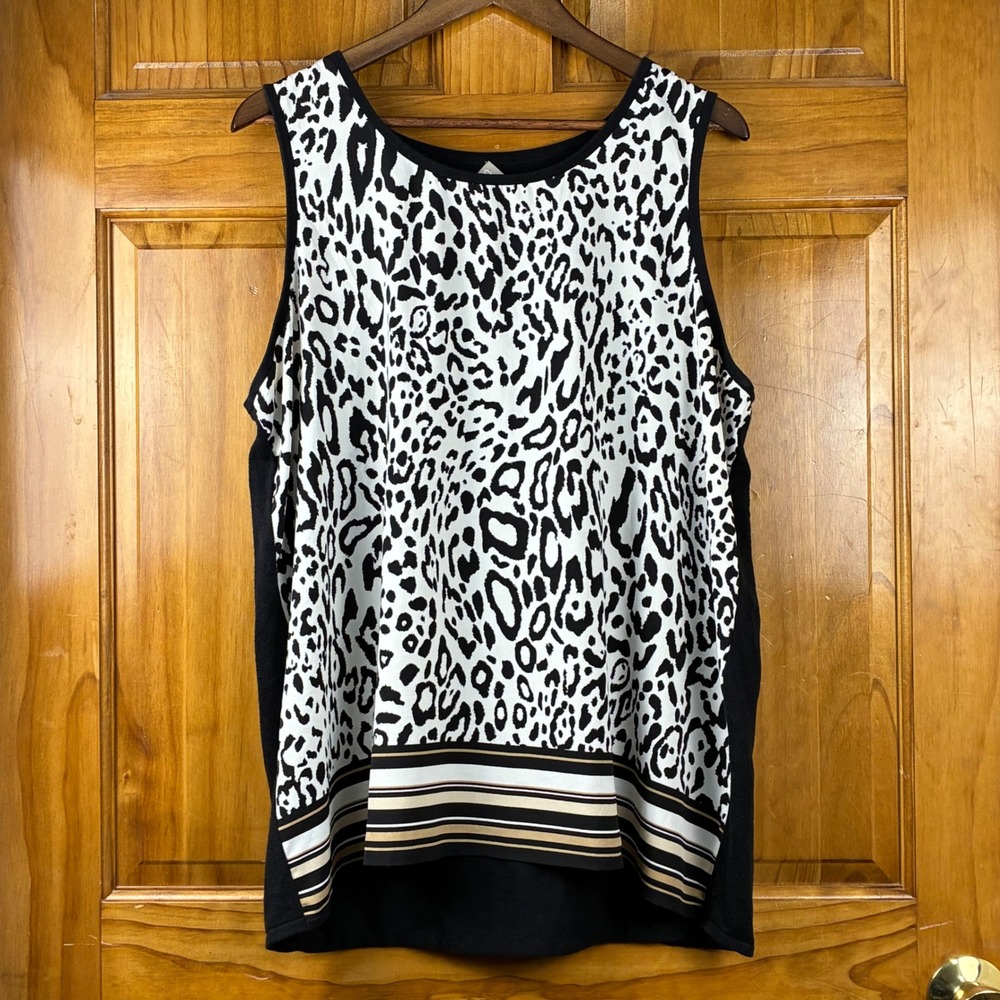 Chicos Sz 4 XXL Animal Print Tank Top Black White Striped Hem Mixed Media Office